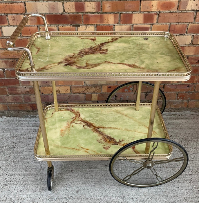 GREEN FAUX ONYX ROLLING BAR CART