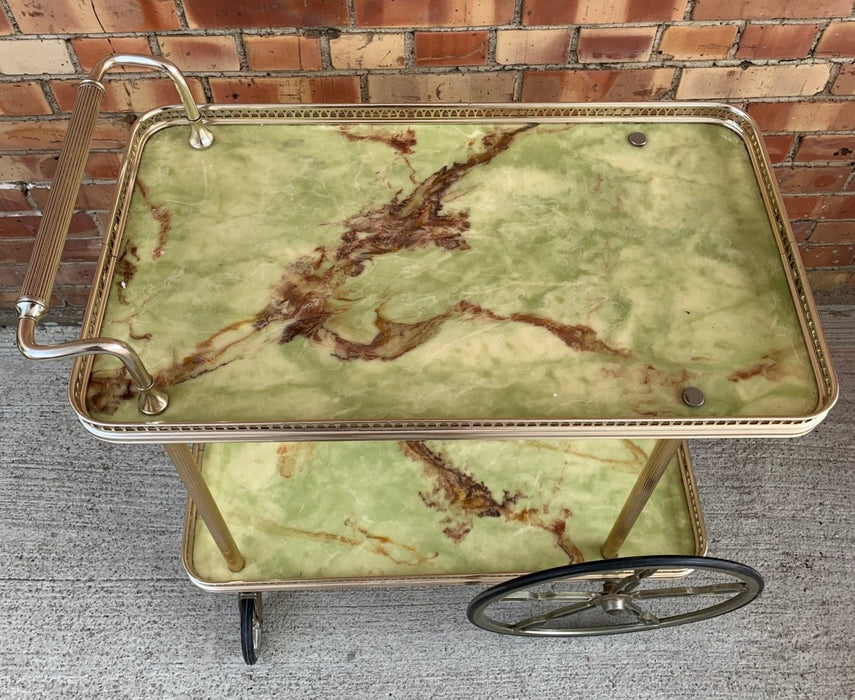 GREEN FAUX ONYX ROLLING BAR CART