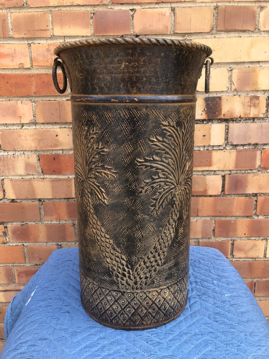 TALL DECORATIVE METAL CAN WITH PALM TREE DESIGN