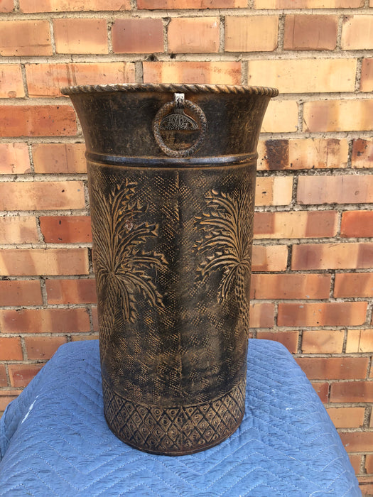 TALL DECORATIVE METAL CAN WITH PALM TREE DESIGN