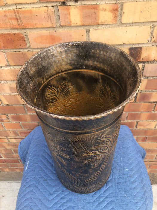 TALL DECORATIVE METAL CAN WITH PALM TREE DESIGN