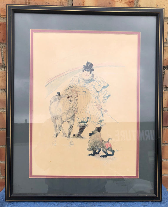 FRAMED ILLUSTRATION CIRCUS CLOWN WITH PONY & BABOON