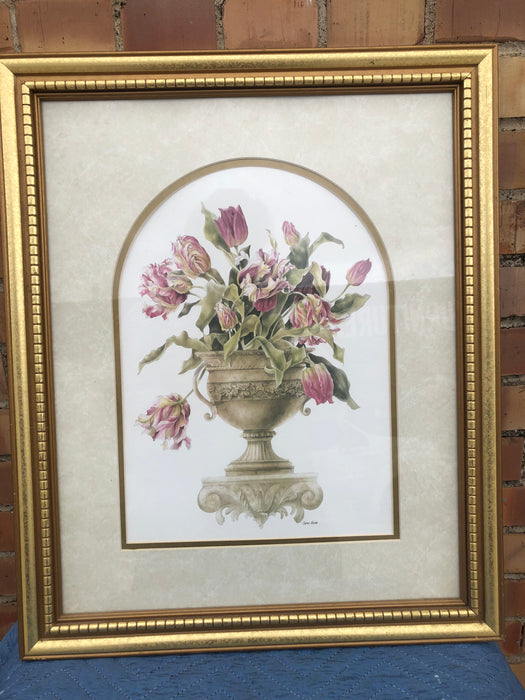 GOLD FRAME PRINT FLOWERS IN URN-SIGNED