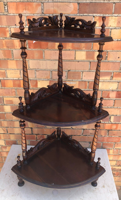 MAHOGANY OPEN CORNER SHELF AS FOUND