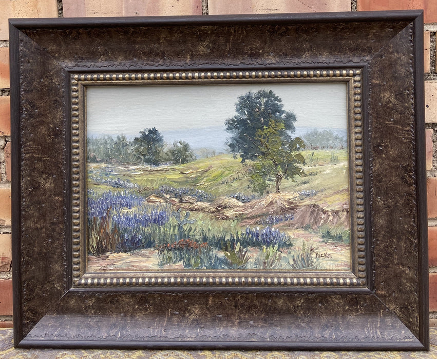 IMPASTO OIL PAINTING - BLUEBONNET LANDSCAPE BY LISTED TEXAS ARTIST HICKS