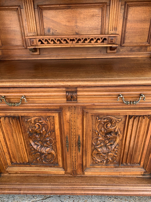 CARVED WALNUT HUNTBOARD BUFFET WITH GLASS MULLIONED DOORS