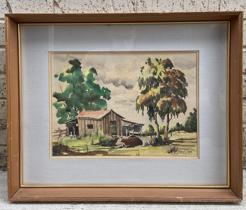 WATERCOLOR OF RUSTIC COW BARN WITH CATTLE BY HOLMES E. JONES