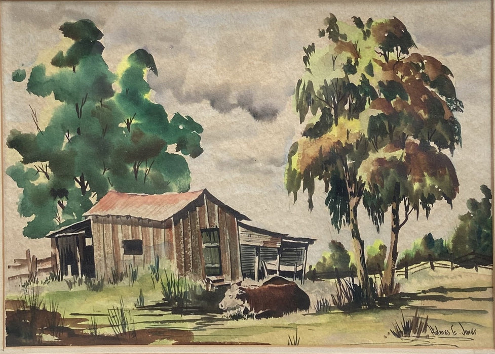 WATERCOLOR OF RUSTIC COW BARN WITH CATTLE BY HOLMES E. JONES