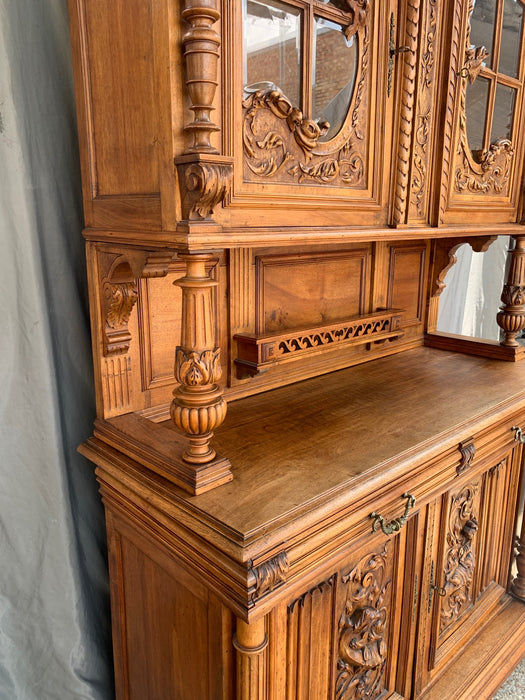 CARVED WALNUT HUNTBOARD BUFFET WITH GLASS MULLIONED DOORS