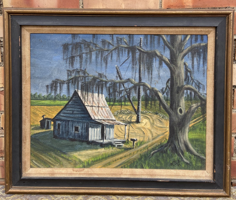 OIL PAINTING OF SUGAR CANE PLANTATION WITH SHACK SIGNED BY MARVIN DUBOS