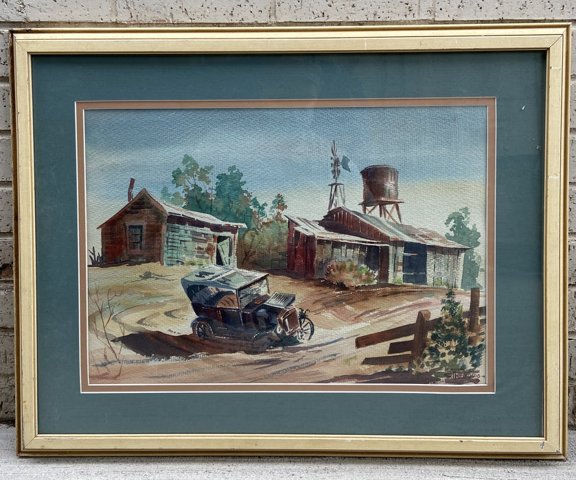 LARGE WATER COLOR OF ABANDONED FARM WITH MODEL A CAR BY QUENTIN FRANCES