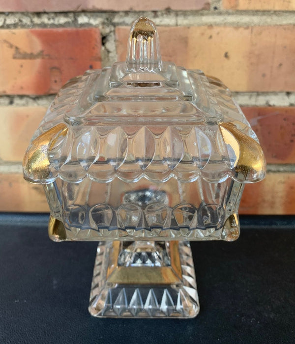 SMALL GLASS SQUARE LIDDED DISH ON PEDESTAL