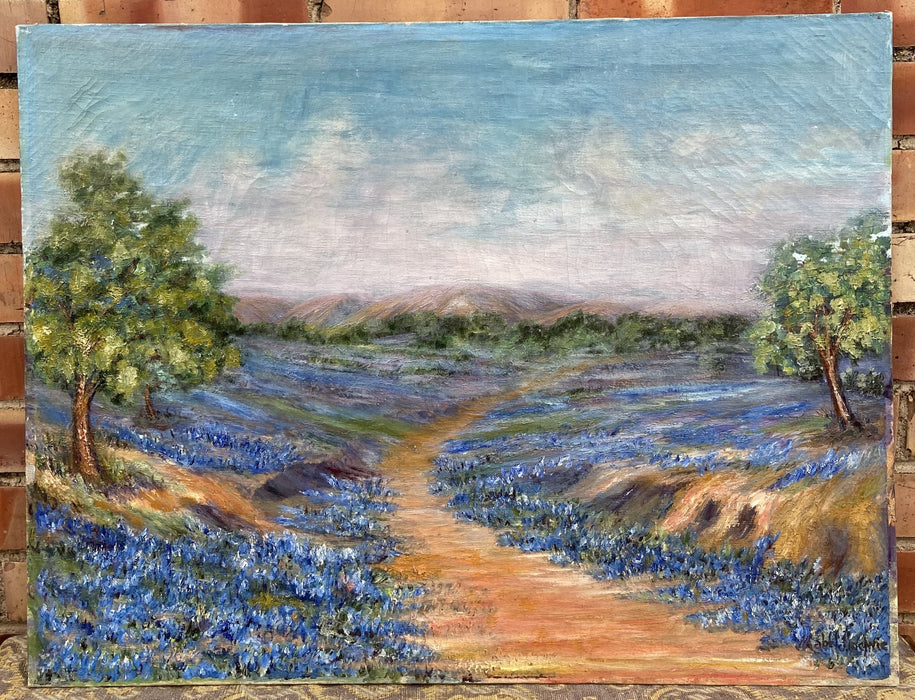 EARLY TEXAS UNFRAMED OIL PAINTING BLUEBONNET SIGNED MABEL LOCHREE - AS FOUND