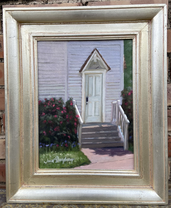 VERTICAL OIL PAINTING ON CANVAS OF CLAPBOARD CHURCH- SIGNED
