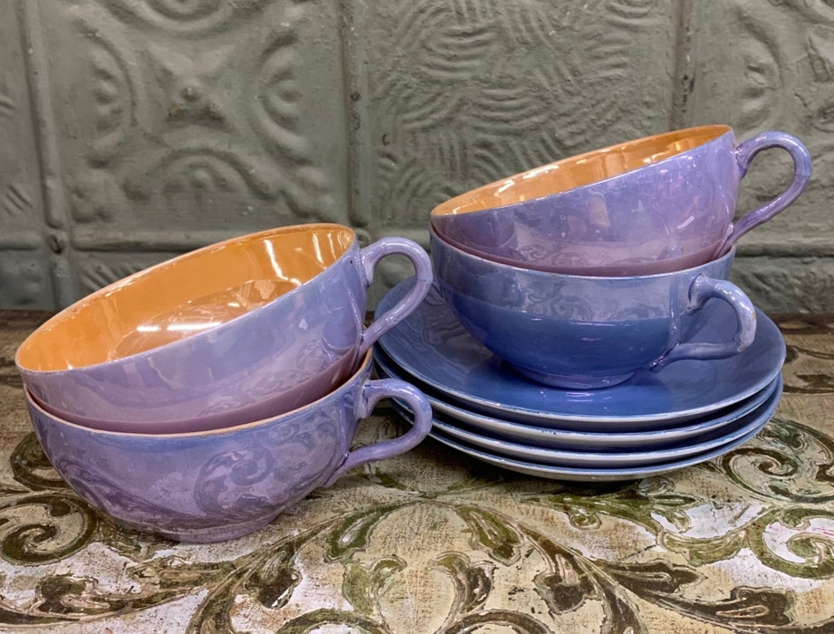 SET OF 4 BLUE LUSTERWARE CUPS AND SAUCERS