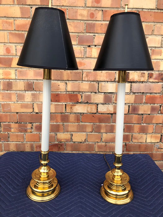 PAIR OF WHITE CANDLESTICK LAMPS WITH BLACK SHADES