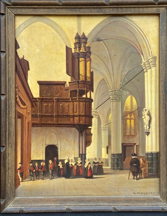 INTERIOR OF A CHURCH OIL PAINTING ON BOARD- SIGNED A. WEGGERS