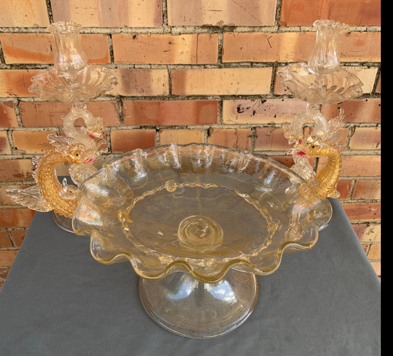 SET OF 3 VENETIAN ART GLASS DRAGON COMPOTE AND CANDLEABRUM AS FOUND MSSING WING