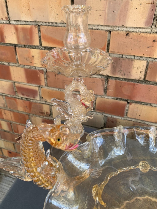 SET OF 3 VENETIAN ART GLASS DRAGON COMPOTE AND CANDLEABRUM AS FOUND MSSING WING