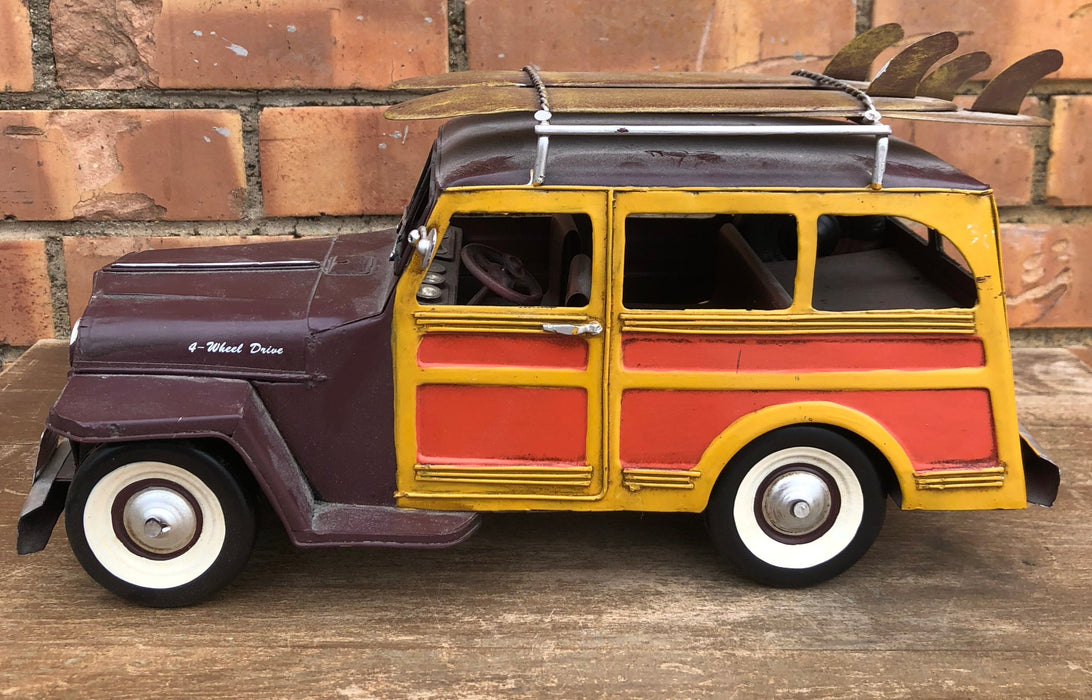 METAL JEEP WAGONEER SURFER WOODY WAGON WITH SURF BOARDS