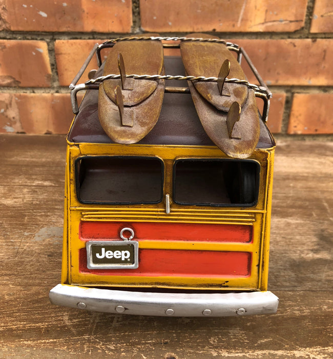 METAL JEEP WAGONEER SURFER WOODY WAGON WITH SURF BOARDS