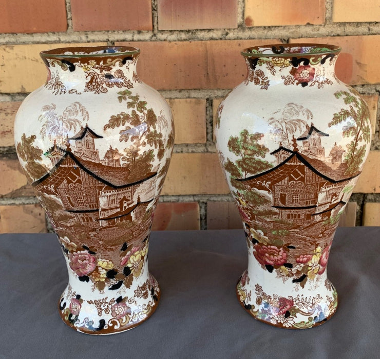 PAIR OF GENEVESE PATTERN POLYCHROME VASES