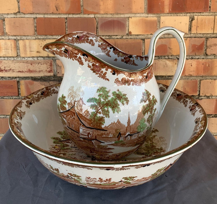 GENEVESE PATTERN POLYCHROME TRANSFERWARE IRONSTONE PITCHER & BOWL