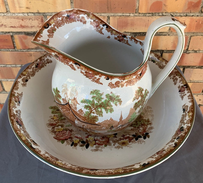 GENEVESE PATTERN POLYCHROME TRANSFERWARE IRONSTONE PITCHER & BOWL