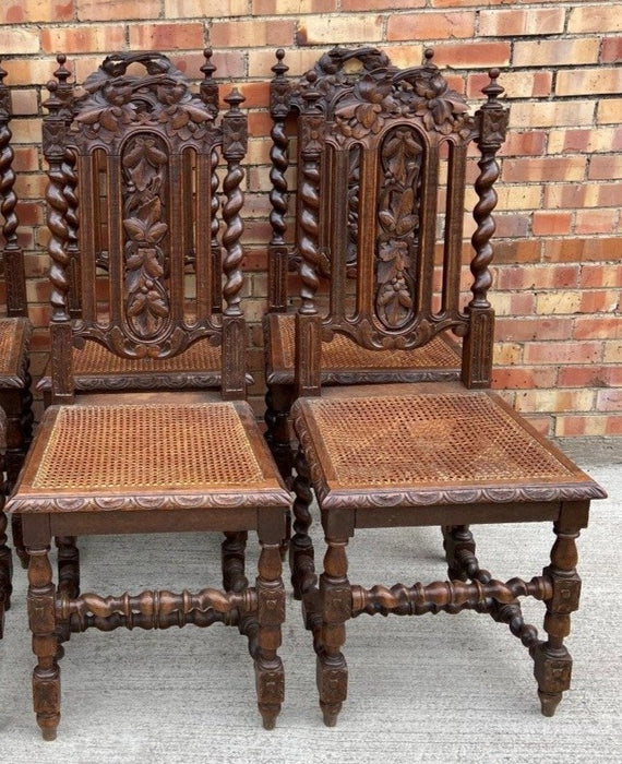 SET OF 4 LOUIS XIII BARLEY TWIST OAK CHAIRS WITH CANED SEATS