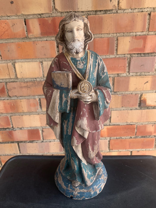 RED AND GREEN PAINTED WOOD RELIGIOUS STATUE