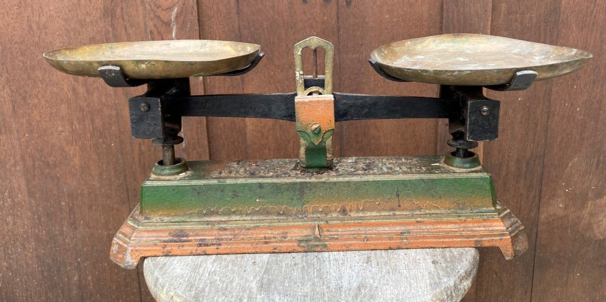 FRENCH CAST IRON COUNTER SCALES WITH BRASS PANS