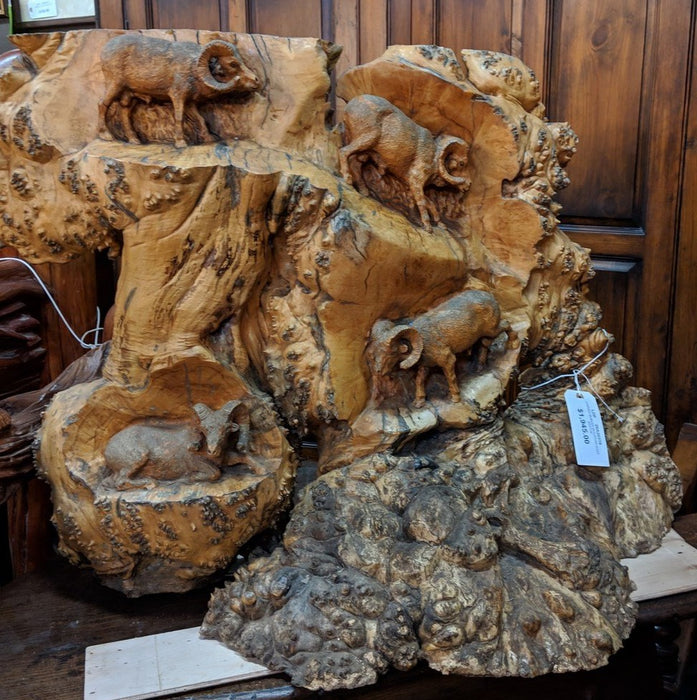 CARVED BURLED WOOD MOUNTAIN GOAT STATUE
