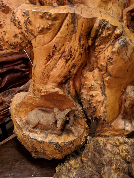 CARVED BURLED WOOD MOUNTAIN GOAT STATUE