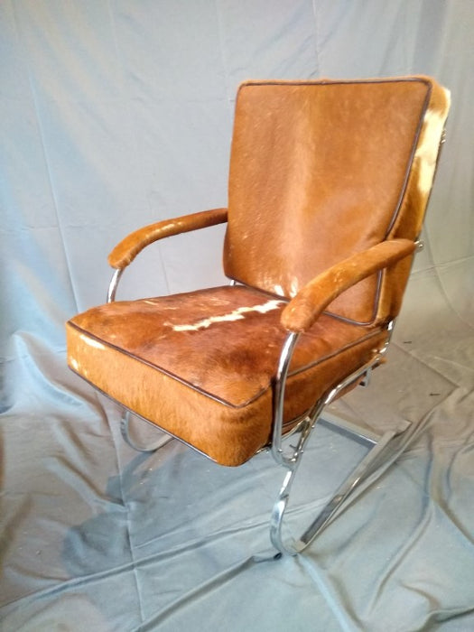 1930's METAL CLUB CHAIR WITH RE-CHROMED BASE AND COWHIDE UPHOLSTERY