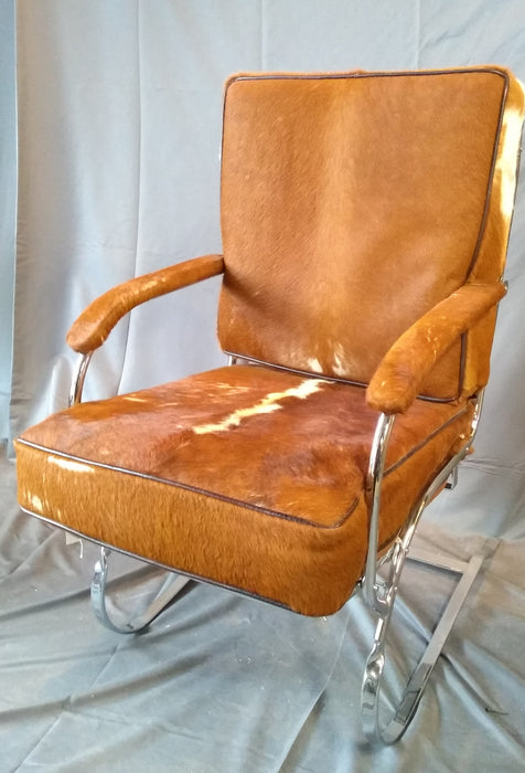 1930's METAL CLUB CHAIR WITH RE-CHROMED BASE AND COWHIDE UPHOLSTERY