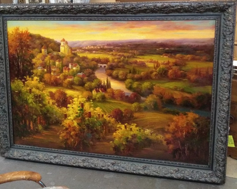 LARGE 7' x 5' FRAMED ITALIAN LANDSCAPE OIL PAINTING