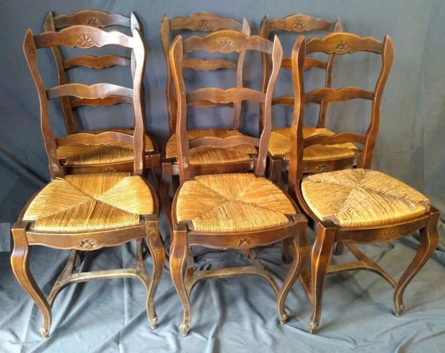 SET OF 6 RUSH SEAT LOUIS XV STYLE LADDER BACK CHAIRS