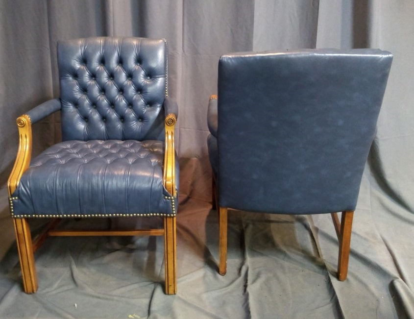 PAIR OF TUFTED BLUE LEATHER ARM CHAIRS