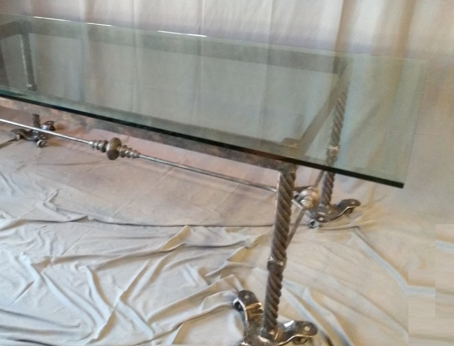 LARGE IRON BASE DINING TABLE WITH THICK GLASS TOP