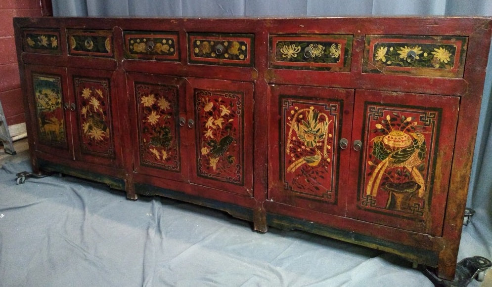 LONG CHINESE PAINTED CHINESE CONSOLE OR SIDEBOARD