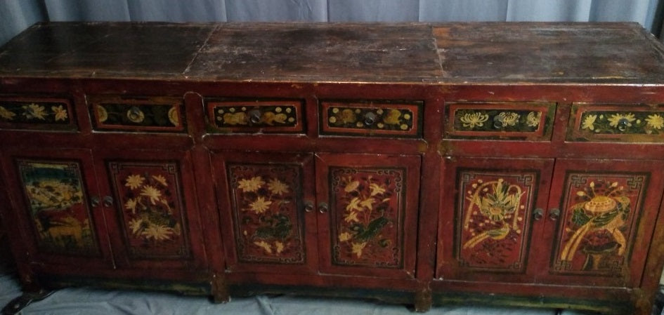 LONG CHINESE PAINTED CHINESE CONSOLE OR SIDEBOARD