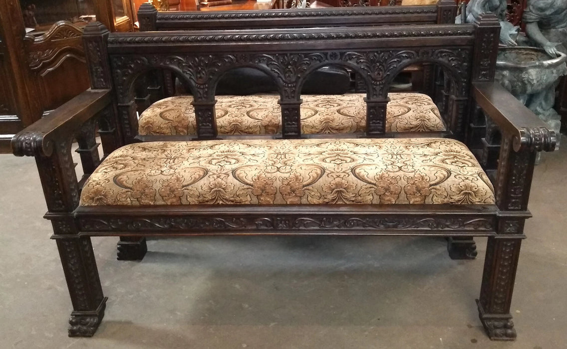 PAIR OF CARVED SPANISH BENCHES WITH CARVED ROMAN ARCHES