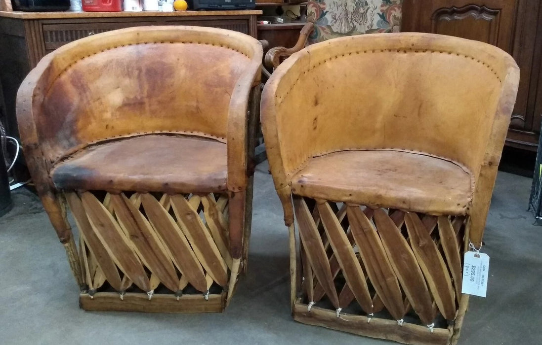 PAIR OF MEXICAN LEATHER AND WOOD SLAT CHAIRS
