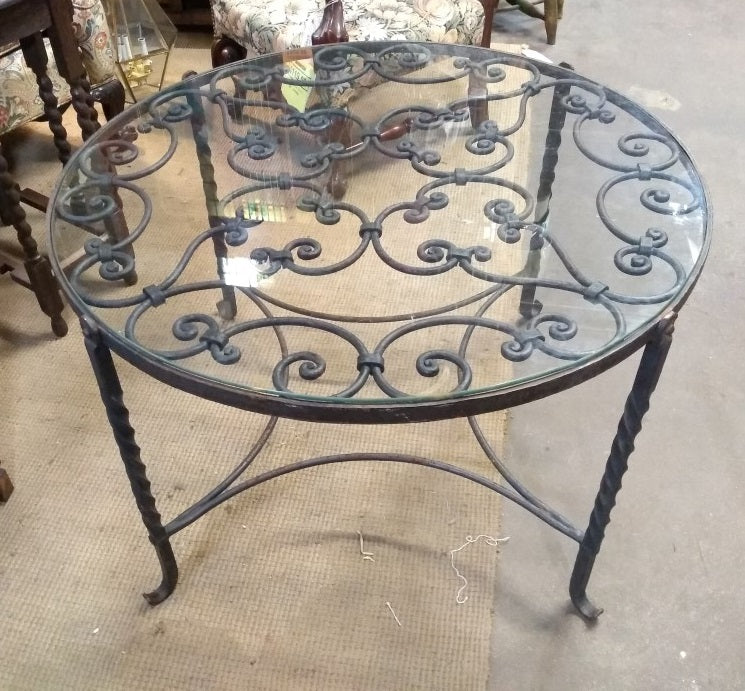 ROUND GLASS TOP WROUGHT IRON COFFEE TABLE