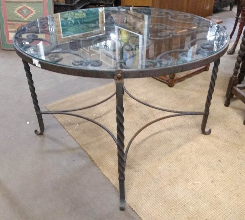 ROUND GLASS TOP WROUGHT IRON COFFEE TABLE
