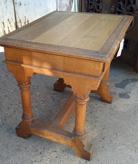 HEAVY OAK LIBRARY TABLE WITH GOTHIC COLUMNS