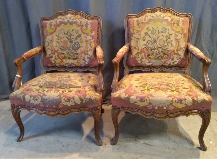 PAIR OF QUALITY OAK AND TAPESTRY LOUIS XV FAUTEUILS