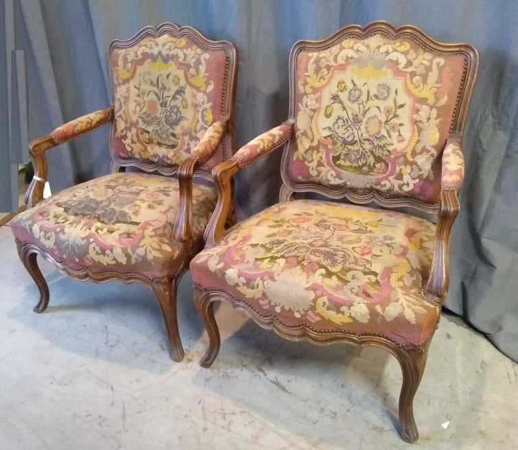 PAIR OF QUALITY OAK AND TAPESTRY LOUIS XV FAUTEUILS