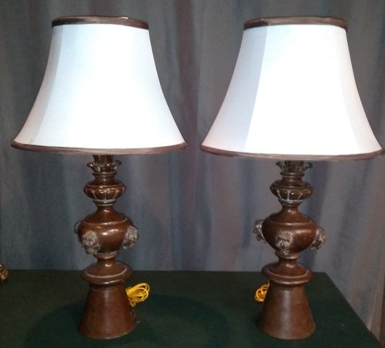 PAIR OF BRONZE FINISH LAMPS WITH EMBELLISMENT AND SHADES