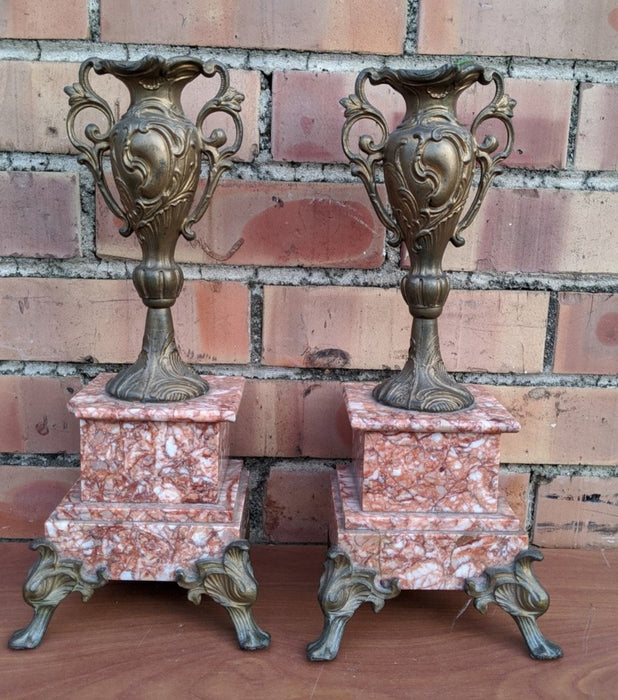 PAIR OF SPELTER AND MARBLE CASTELETTES